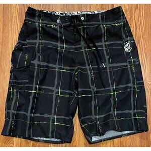 Volcom Swim Trunks Men 32 Black Neon Green Maguro Plaid Board Shorts Beach